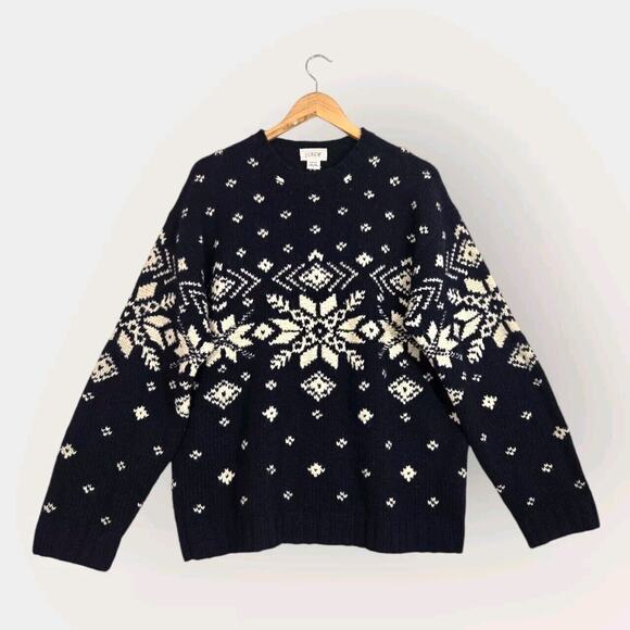 J.CREW Other - J. Crew Sweater Sz L Blue Ivory Snowflake 100% Wool Hand Knit Chunky Holiday